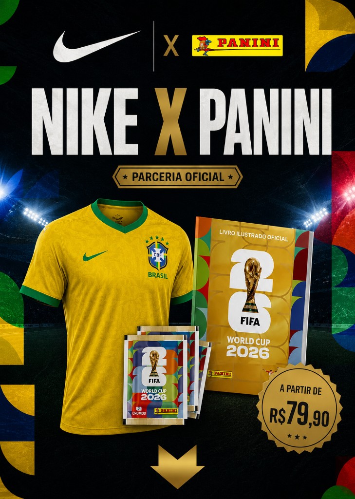 Nike × Panini — camiseta do Brasil e álbum FIFA World Cup 2026